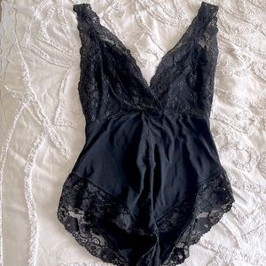 Free People lace, deep lunge, low back, intimate romper.